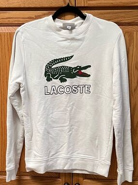 Lacoste Men's White Crewneck Sweatshirt with Green Crocodile Logo, GUC, Size S